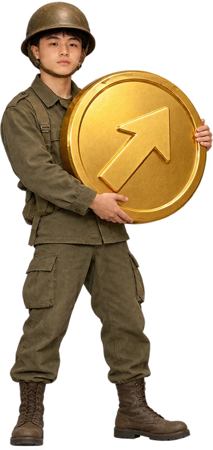 KIMCHER holding a giant gold coin with an up arrow