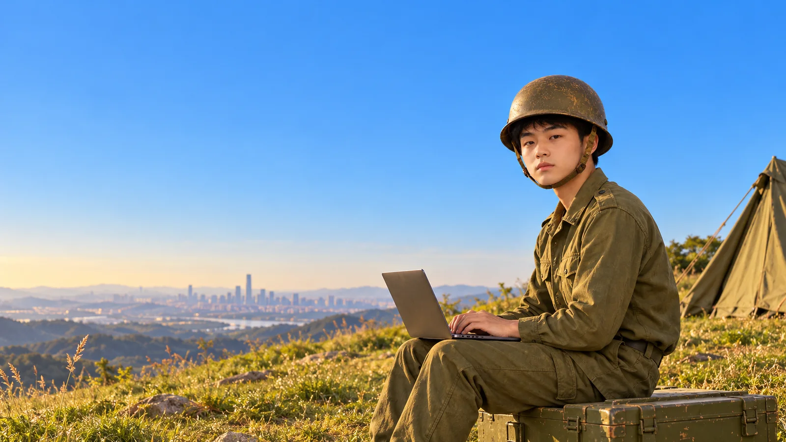 KIMCHER on a hill with a laptop, a city skyline behind him